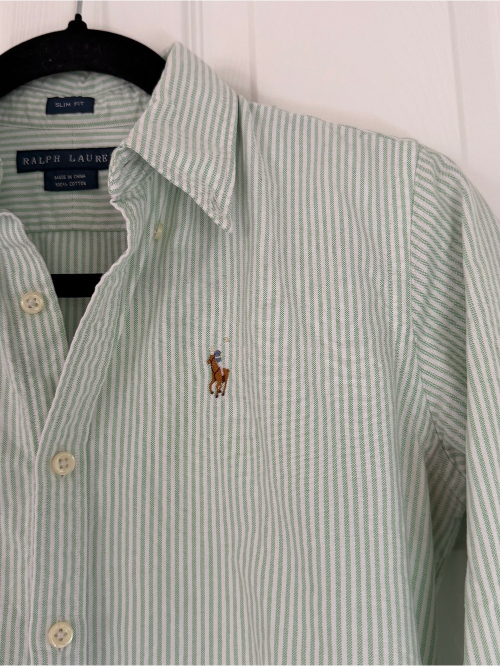 Women's Ralph Lauren Slim Fit Green White Striped Shirt Size 4 - Picture 2 of 6